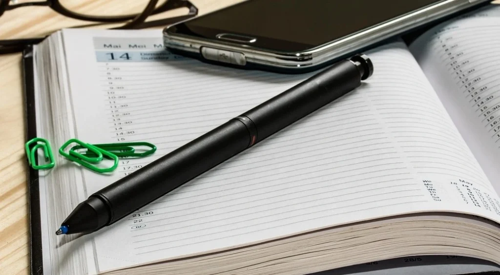 Diary, pen and paperclips