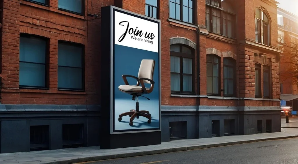 a red brick building with a "we are hiring" billboard